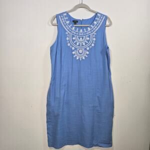Talbots Womens Medium Blue Sleeveless Sheath Dress With White Embroidery Size 16